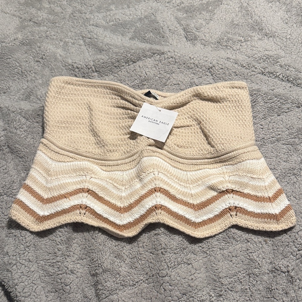 American Eagle Outfitters Tan and White Strapless Top